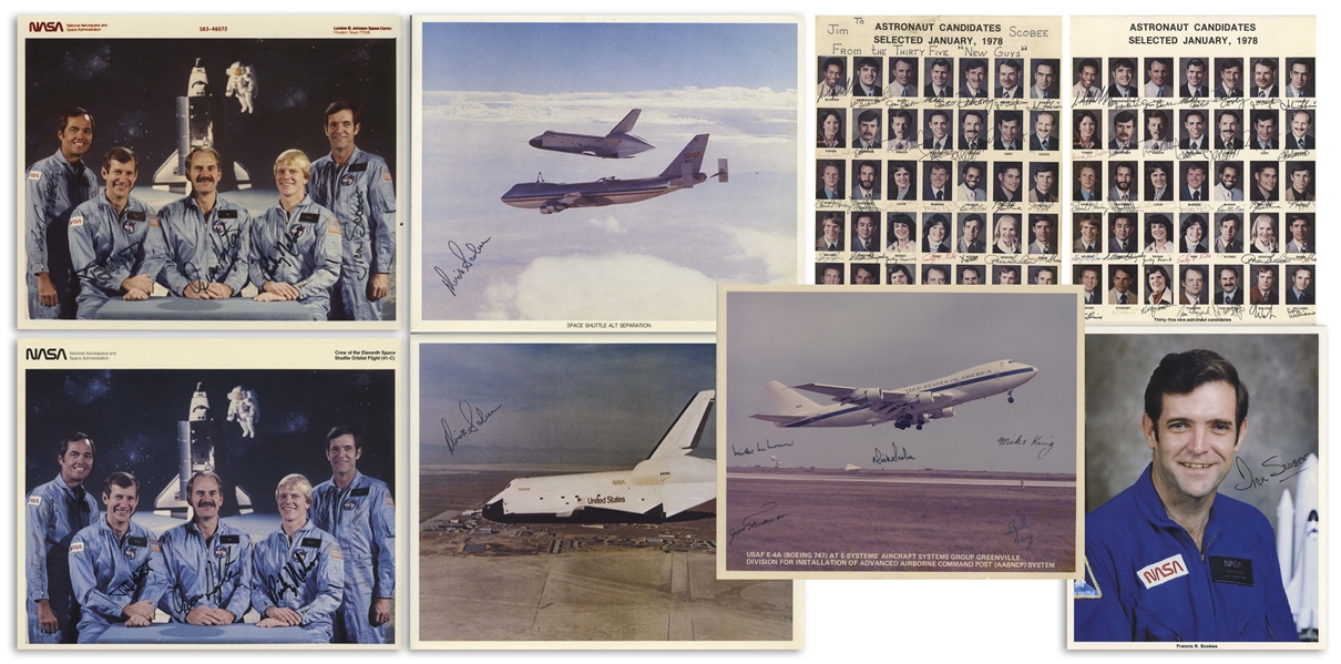 Lot of 8 Signed Photos Given by Dick Scobee to His Family -- Including Two Signed Photos of the 35 Astronaut Candidates Selected in January, 1978